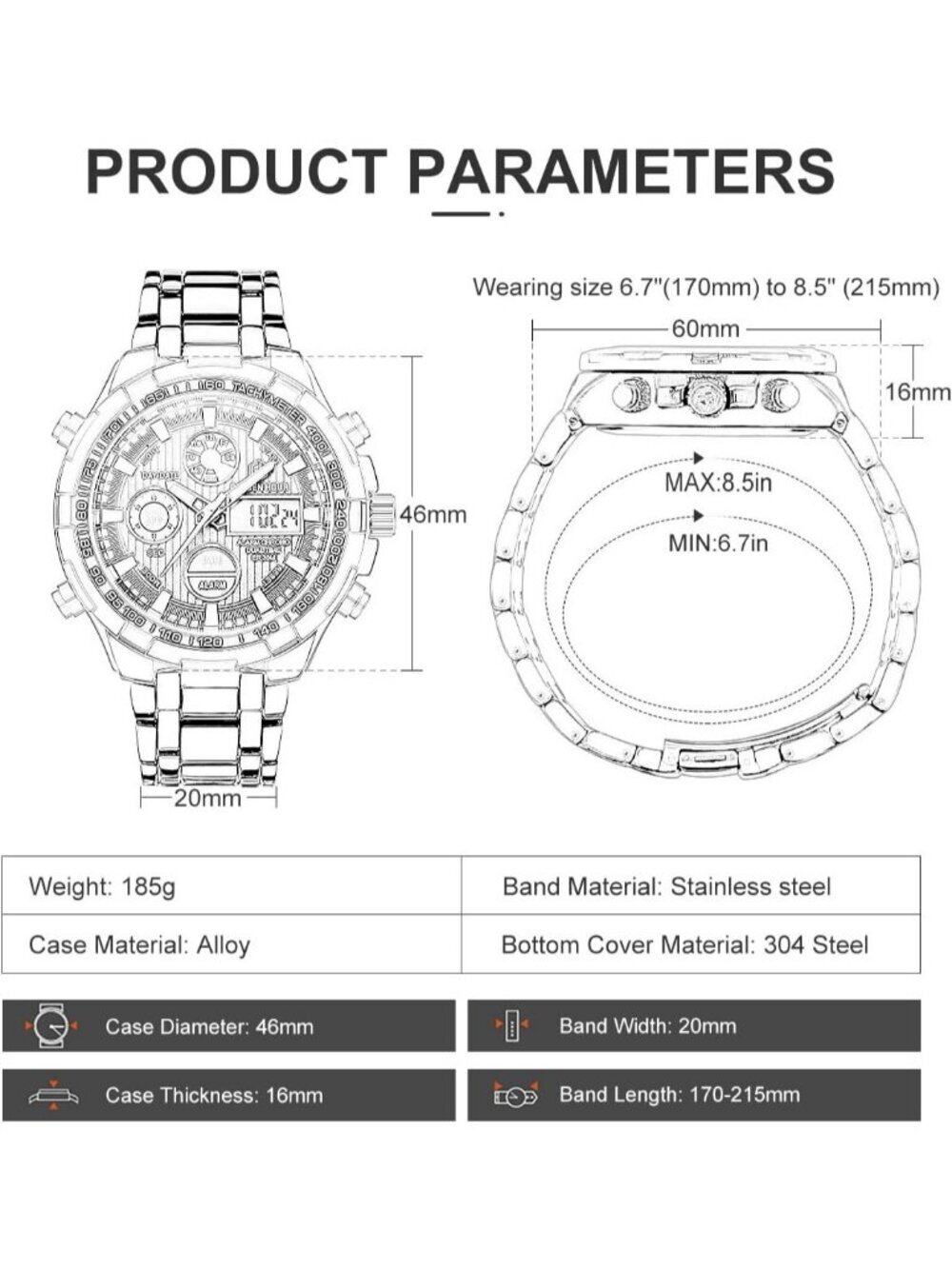 Mens Silver Stainless Steel Analog Digital Outdoor Sport Waterproof Luxury Watch - Picture 3 of 6